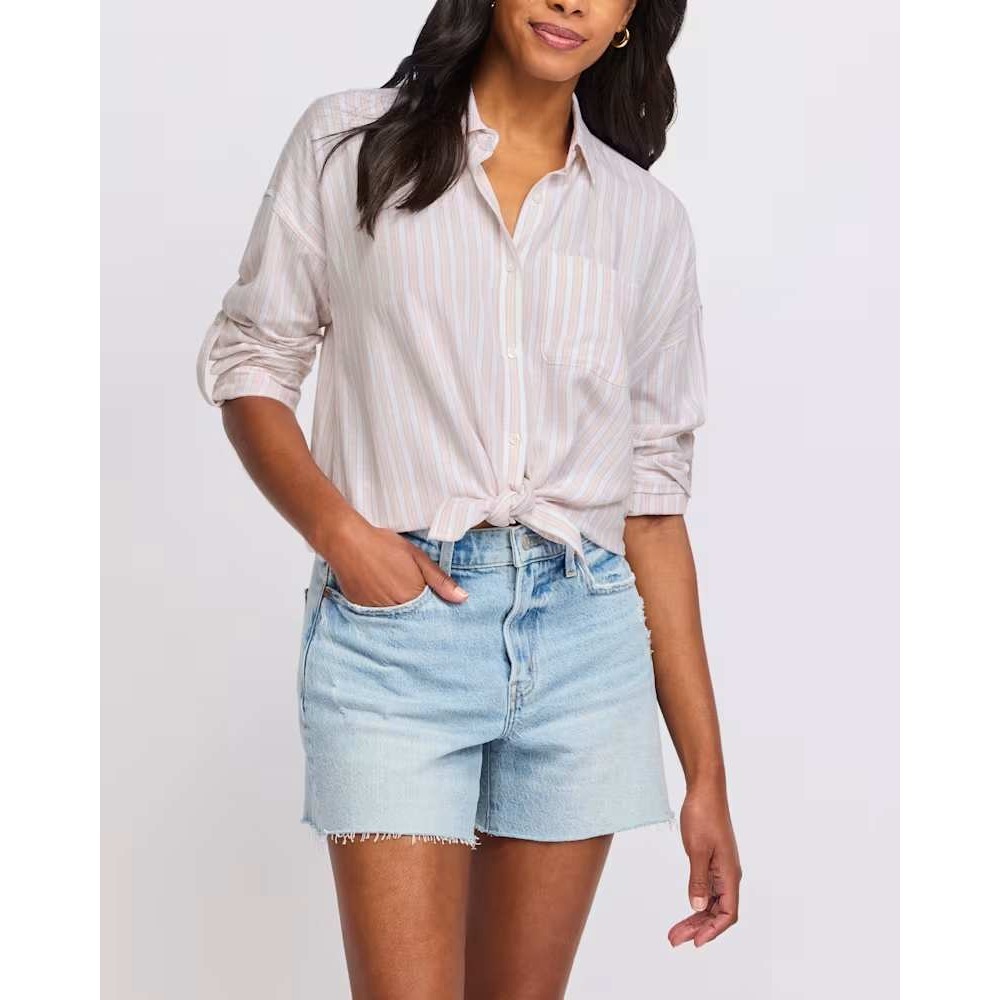 Flag & Anthem Pink Linen Blend Striped Button Down Shirt L Stitch Fix NEW